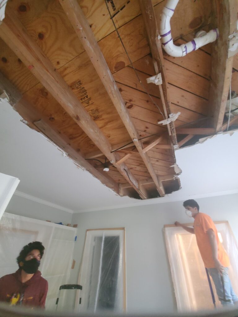 Exposed ceiling beams during a remodel