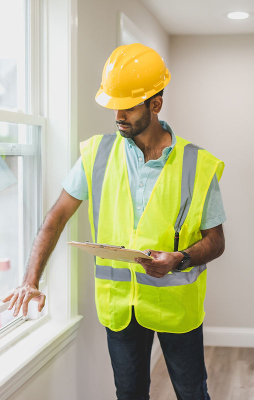 Construction worker with a clipboard reviewing a window